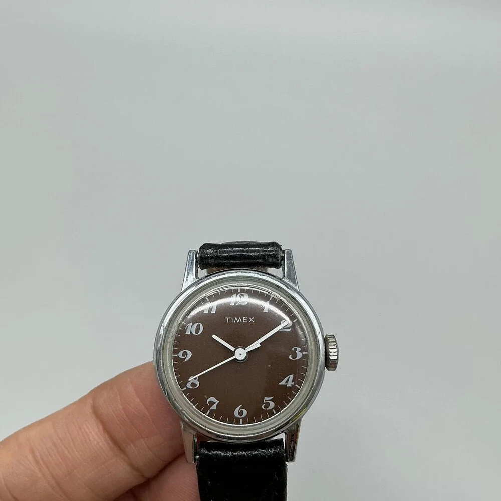 Vintage Timex Womens Watch 24mm Brown Dial Black Leather Strap Manual Wind